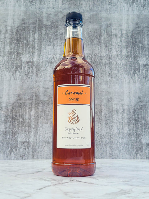 Caramel Syrup 1lt bottle, front view with label.