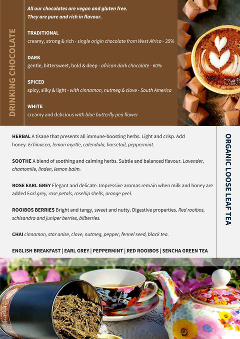 Specialty drinks menu from Sipping Duck Coffee Roasters, Cairns. Drinking Chocolate and Loose Leaf Tea Selection.