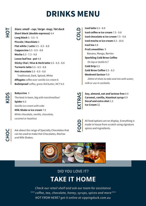 Specialty drinks menu from Sipping Duck Coffee Roasters, Cairns. Features Cold Brew, Cold Drip, Single Origin, and Dark Roast coffee options.