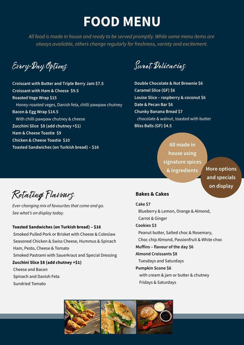 Full list of homemade snacks, breakfast and lunch menu items from Sipping Duck Coffee Roasters, Stratford, Cairns.