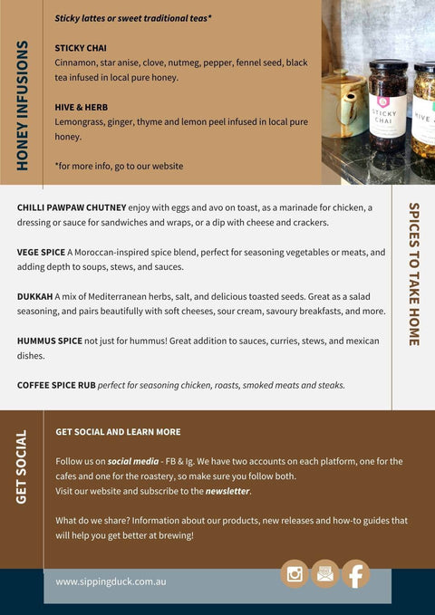 Honey Infusions and Spice Blends from Sipping Duck Coffee Roasters, Cairns. Sticky Chai, Pawpaw Chutney, Dukkah, Coffee Spice Rub.
