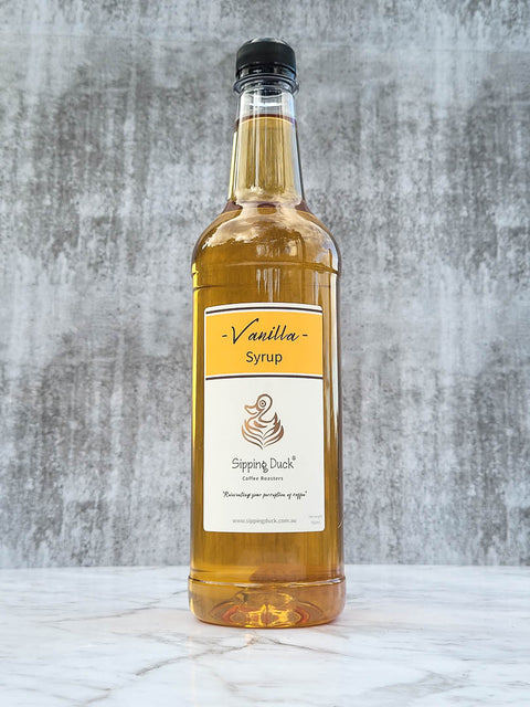 Vanilla Syrup 1lt bottle, front view with label.