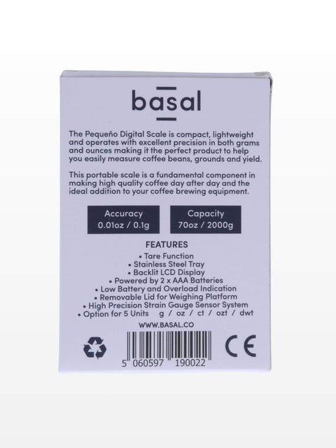 Back of a Basal digital scale packaging with text and branding.