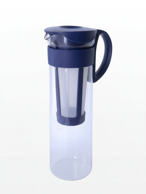 Glass cold brew coffee maker with inbuilt removable filter, handle and spout in blue.