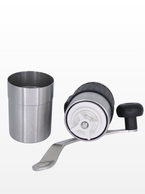 Hand coffee grinder made of stainless steel with ceramic burrs, anti-slip rubber and handle. Open view.