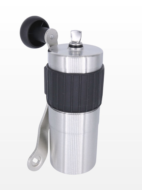 Stainless steel manual coffee grinder with anti-slip rubber and pocket to attach the handle.