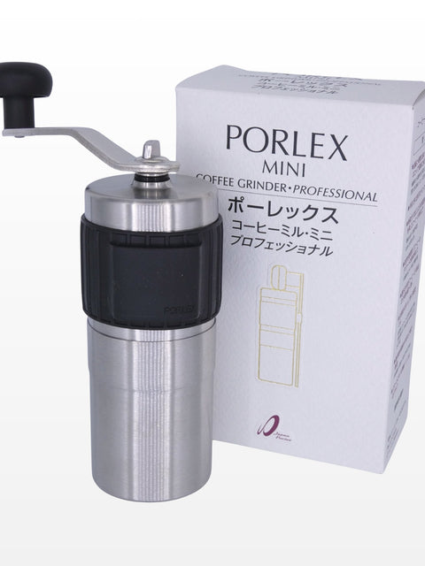 Porlex Mini professional coffee grinder packaging and stainless steel hand grinder with anti-slip rubber.