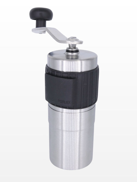 Hand coffee grinder made of stainless steel with anti-slip rubber and pocket for handle.