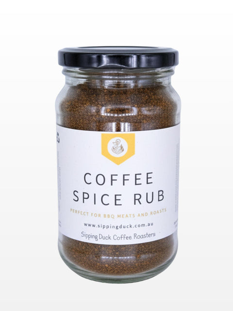 Sipping Duck coffee spice rub, perfect for bbq meats and roasts, in glass jar.