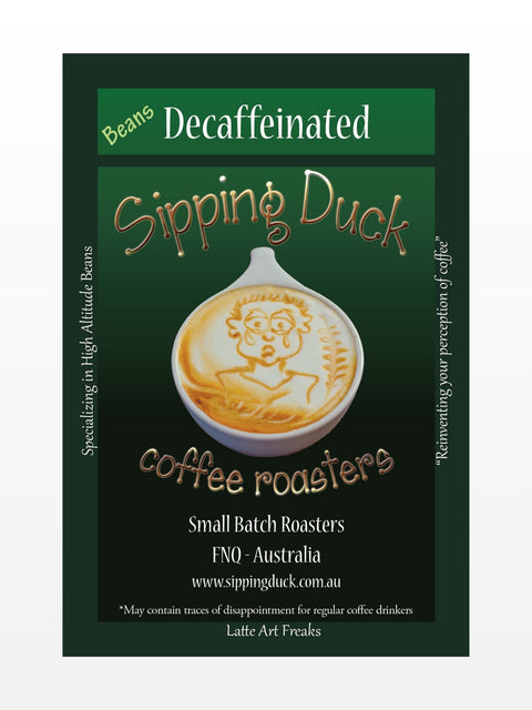 Sipping Duck Small Batch Roasters FNQ Australia old label with latte art of crying face.