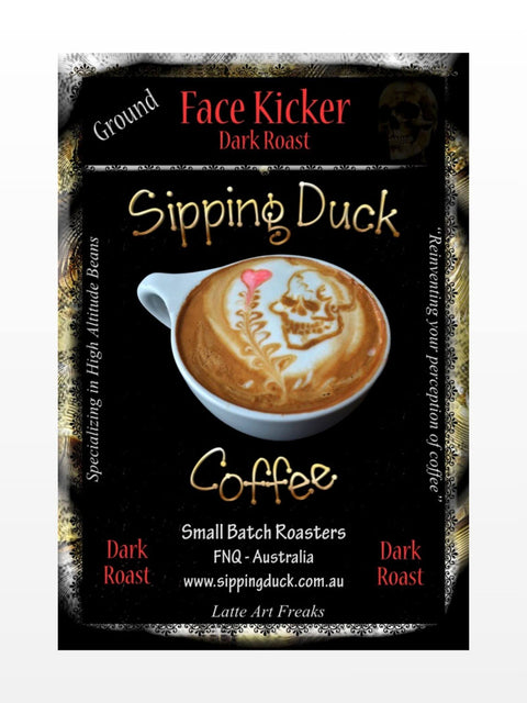 Sipping Duck Small Batch Roasters Face Kicker Blend, dark roast, old packaging label with latte art of a skull.