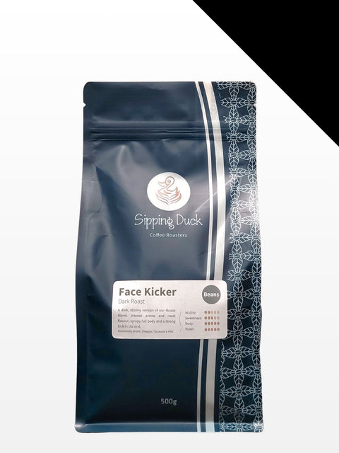 Sipping Duck Face Kicker Blend specialty coffee bag, dark roast espresso blend, 500g size, product picture with profile details, black line, white background.
