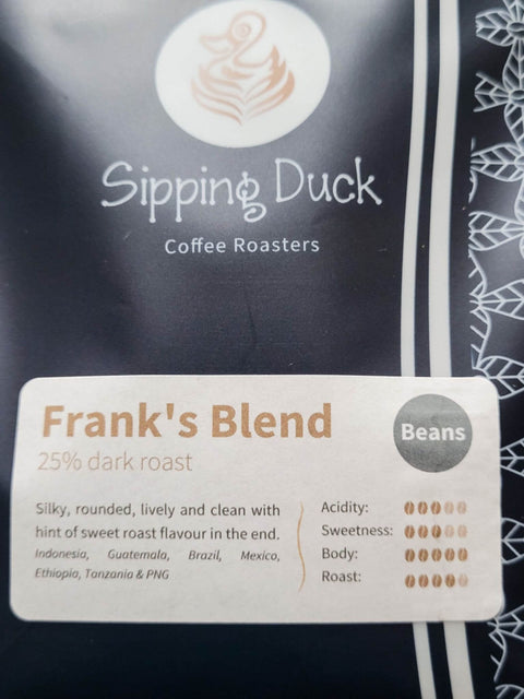Sipping Duck Frank's Blend 25% dark roast coffee blend label with profile description.
