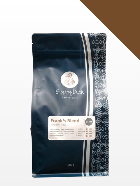 Sipping Duck Frank's Blend specialty coffee bag, medium dark roast espresso blend, 500g size, product picture with profile details, brown line, white background.