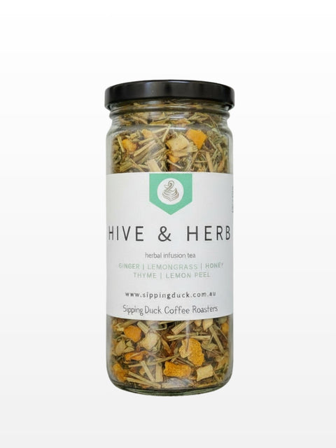 Hive & Herb honey infusion in a glass jar with front label visible.