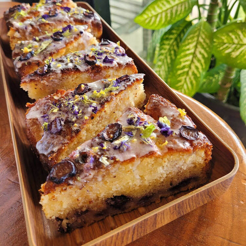 Beautiful blueberry and lemon cake with decoration at Sipping Duck Stratford.