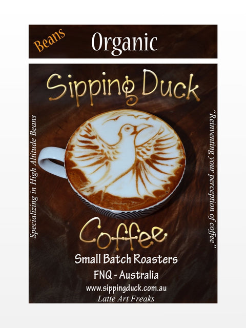 Sipping Duck Small Batch Roasters FNQ Australia old label with latte art of bird flying.