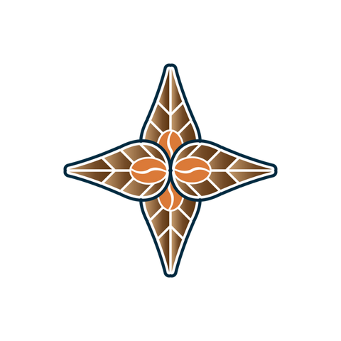 Sipping Duck pattern icon in brown and orange with white and blue outline.