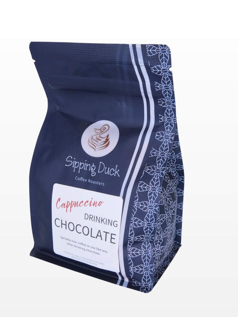 Sipping Duck cappuccino sprinkles chocolate; bag with label and ingredient list.