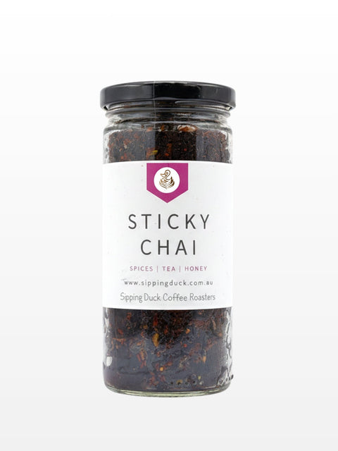 Sticky Chai honey infusion in a glass jar with front label visible